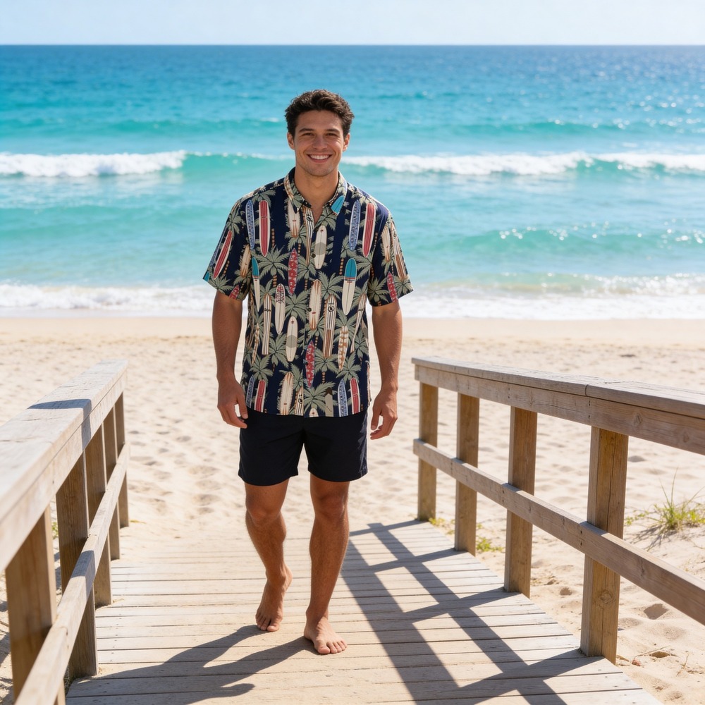 Reyn Spooner Mens‎ Large Surfboard Palm Tree Rayon Hawaiian Aloha Shirt  beach